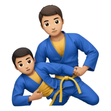 An Asian guy doing jiu jitsu with another guy submitting him with an arm bar. The Asian guys wears a blue belt sticker