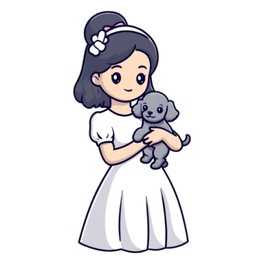 beautiful girl with long black hair in a white dress holding a small gray poodle sticker