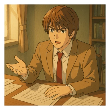 Light Yagami sitting at a desk with papers, explaining with a serious look, gentle lighting, animated details in Ghibli style sticker