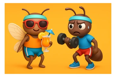 EMOJI STILE IPHONE 3D DI UNA CICALA E UNA FORMICA IN ABITI FITNESS, LA CICALA HA IN MANO UN COCKTAIL MENTRE LA FORMICA HA IN MANO UN MANUBRIO DA PALESTRA. L'IMMAGINE RAPPRESENTA IL FATTO CHE LA FORMICA VOGLIA IMPEGNARSI REALMENTE PER CAMBIARE IL SUO FISICO MENTRE LA CICALA SI VUOLE DIVERTIRE E NON CONCLUDE NULLA ALLA FINE sticker