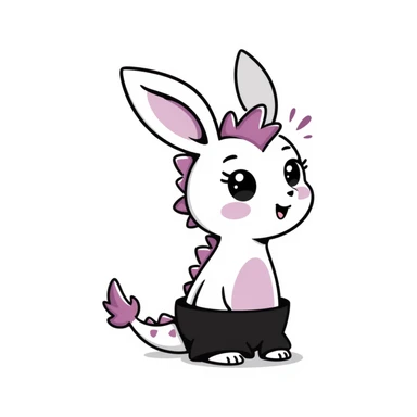 Kawaii bunny plant dragon in Samriel style, tiny spikes, extremely cute, exaggerated proportions, huge sparkly eyes, soft rounded shapes, blushing cheeks, pastel colors with pink and purple tones, delicate linework, small mouth, adorable expression, slightly sketchy lines but clean overall look sticker