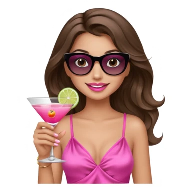 girl with long wavy brown hair, brown eyes, long lashes makeup, sexy pink lips, smiling, light to medium complexion, wearing a pink sexy silk top, relaxing in a beach chair, wearing black sunglasses, holding a drink sticker