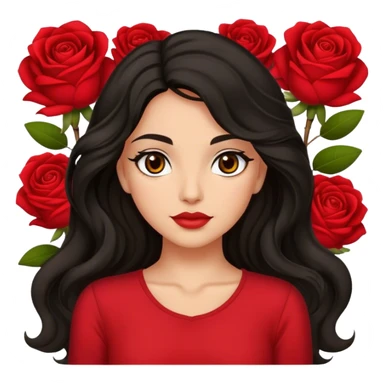 Olive brown eyed women with black long wavy hair rose background red top sticker