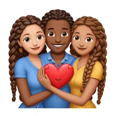 A throuple, with one tall large brown skinned black man with a low cut, a brown skinned large woman with long hair, and a brown skinned woman with braids, embracing each other, heart emoji sticker
