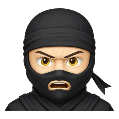 angry ninja face emoji, classic yellow emoji style, all black ninja mask, no mouth, intense eyes, black ninja headband tie sticker