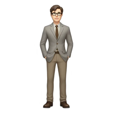 Full height Pale skinned fit man with dark brown hair in gray jacket, beige office shirt, brown tie, brown pants and vintage glasses. His right hand stretched out sticker