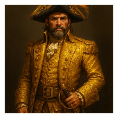 a pirate in a golden uniform and a hat with a golden feather, detailed, character design sticker