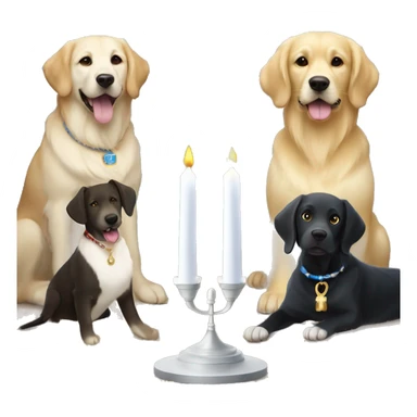 two dogs one a golden retriever and the other is a black labrador retriever with white paws and a white chest and a white spot on her nose. the dogs are next to a menorah  sticker