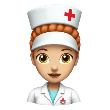 nurse with red hair in a bun and white hat with red cross sticker