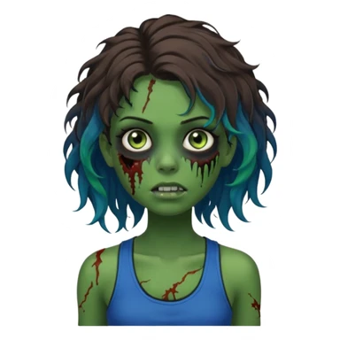 Crie um emoji de uma garota zumbi com a pele verde, como deste emoji "🧟‍♀️". Põem com uma regata de cor preta, os cabelos castanhos na altura do ombro e picotado, liso na raiz e cacheado nas pontas e com mechas azuis sticker