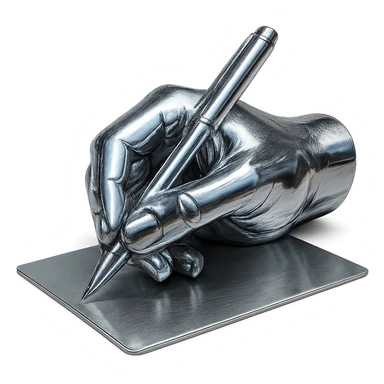 reflective chrome hand with a pen, writing on a sheet of paper, highly metallic sticker
