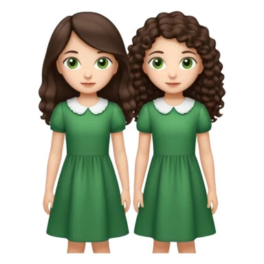 Two moppet girls, 1: long ironed straight darkbrown hair, green eyes, 2: long curly darkbrown hair, brown eyes sticker