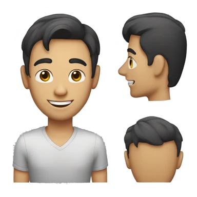 a guy with a haircut on both sides, like a bob, only to the ears, dark hair, he smiles and holds a laptop sticker