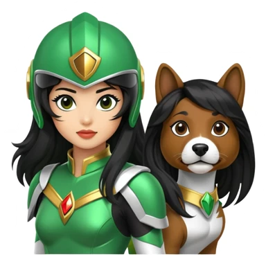female green power ranger with wasian features, long black hair flowing from helmet, cockapoo dog at her side sticker
