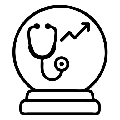 Add an upward slope or rising line graph inside the crystal ball to symbolize improvement and positive healthcare outcomes. Keep the icon style minimal, maintaining stethoscope and dollar sign, with blue and green color hints. sticker