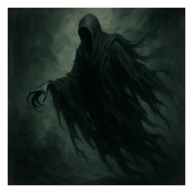 dementor, dark and ghostly, floating, tattered cloak, menacing presence, unique style, eerie atmosphere sticker