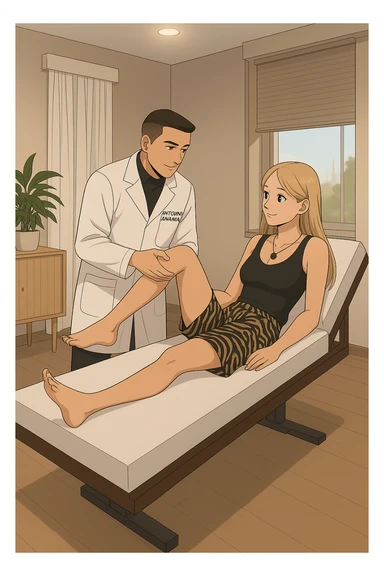 fai un webtoon/manga a colori con questo kinesiologo in camice bianco (fagli la scritta "ANTONIO ANANIA" SUL CAMICE) CHE SVOLGE UN TEST NEUROMUSCOLARE SOLLEVANDO UNA GAMBA ALLA RAGAZZA CHE è STESA SU UN LETTINO BIANCO. STANZA SEMPLICE E MODERNA, DURANTE IL TEST I DUE DIALOGANO TRA LORO. NON FARE I FUMETTI, FAI SOLO LORO COME SE DIALOGASSERO sticker