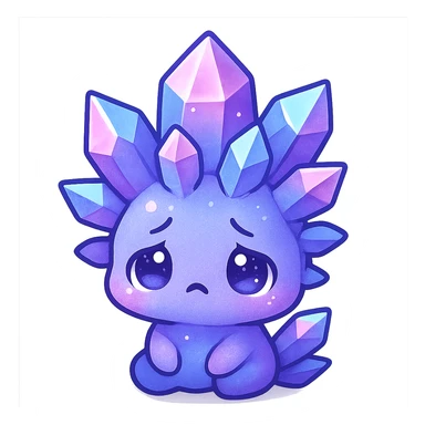 chibi kawaii crystal sprite creature, purple blue and pink colors, sad expression, cute and adorable sticker
