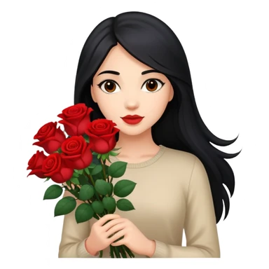 A beautiful girl with long black hair holding a bouquet of roses sticker