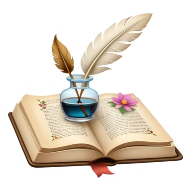Icon for Poetry Reading: an open book with flowing verses on the pages, surrounded by a quill, ink bottle, and delicate flowers. The icon should evoke the beauty and emotion of poetry. Transparent background. sticker
