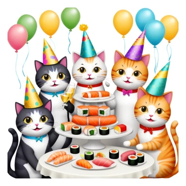 Cats celebrating with sushi at a birthday party sticker