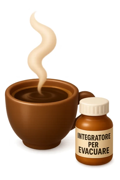 EMOJI STILE IPHONE 3D DI un caffè e di una boccetta di integratore con la scritta "INTEGRATORE PER EVACUARE" SULL'ETICHETTA, iperrealistico 4k sticker