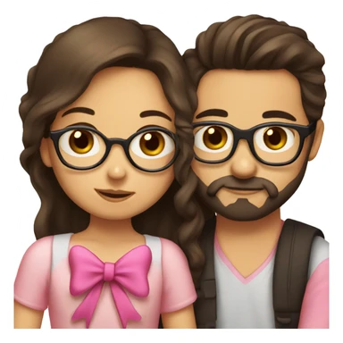 girl with dark brown hair and a pink bow kissing a boy with a beard and glasses and a bow sticker