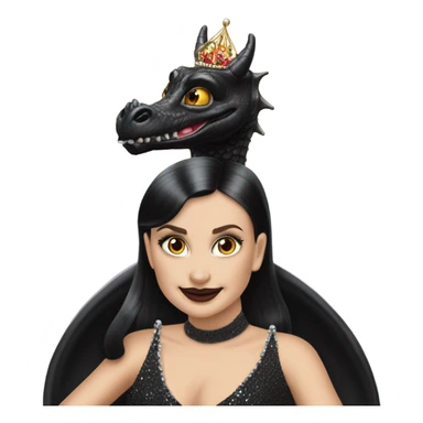 Lavish Victorian evening gown, young Morticia Addams Jedi wearing a mini tiara, riding on the back of a very large black shiny evil-looking fire-spewing horned dragon sticker