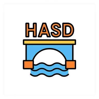 minimal bridge with the text 'HASD' standing on the bridge, easy to read text, modern icon style sticker