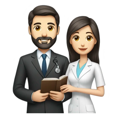 husband classy caucasian executive 55 dark hair trimmed beard wearing business suit holding bible, with wife asian age 55 dark hair nurse uniform, no children sticker