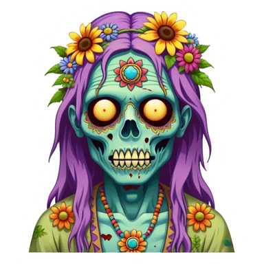 Cinematic ultra detailed 32k HD Psychedelic colored hippie style zombie with flowers sticker
