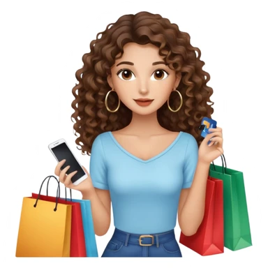 cute girl LONG LONG hair brunette balayage curly/wavy not voluminous hair, brown eyes, hoop earrings, natural pretty clean makeup: holding a credit card and lots of shopping bags sticker