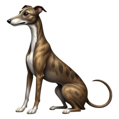 cinematic-[brindle greyhound]-realistic-full-body-sitting-emoji,-tail-resting-loosely-beside-its-paws,-head-tilted-dramatically, -sleek-[dark brindle]-fur,-simplified-yet-realistic-focused-features,-highly-detailed,-glowing-with-an-almost-sarcastic-glow sticker