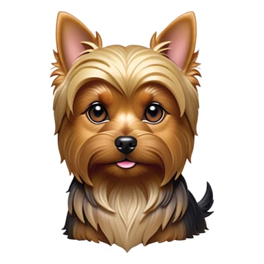 Cinematic Noble Yorkshire Terrier Portrait Emoji, Exuding refined charm and dignified poise, with a lustrous, silky fur in rich, deep hues, alert eyes and a confident expression, simplified yet exquisitely detailed, glowing with a soft, aristocratic radiance, high shine, embodying intelligent grace and classic elegance, soft glowing outline, capturing the essence of a regal Yorkshire Terrier ready to rule the screen with effortless sophistication! sticker