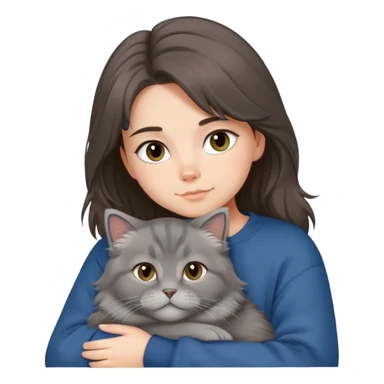 Brunette girl with dark blue sweatshirt snuggling a fluffy grey Siberian cat sticker
