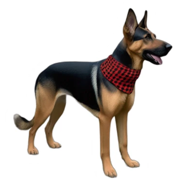 75% Coonhound 25% German Shepherd mix dog wearing small pointed red buffalo plaid bandana side view full body facing left sticker