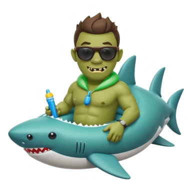 orc male sitting in an inflatable floatie shaped like a shark, wearing oversized sunglasses and a whistle on a neck cord, 2d sticker