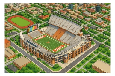 Изометричная, яркая, детализированная и фотореалистичная иллюстрация стадиона Darrell K Royal–Texas Memorial Stadium в стиле 3D-коллажей городов, насыщенные цвета, аккуратные и чёткие линии, мультяшно-реалистичная стилистика. Чёткие контуры, прозрачный фон, высокое качество. sticker