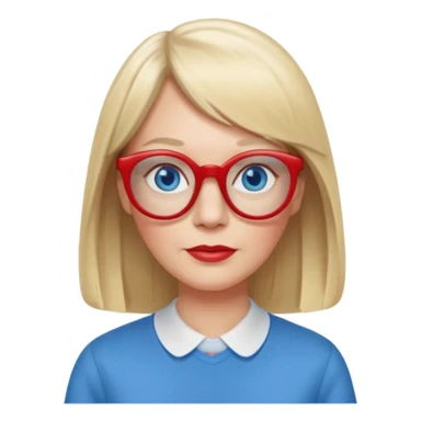 50 yr old white woman, pale skin, long straight blond hair parted in center, blue eyes, bangs, clothes for school, big red glasses, oval face, long face sticker