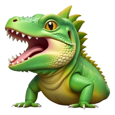 Cinematic Realistic Cute Yawning Iguana Portrait Emoji, Head tilted slightly with a dramatic, wide-open yawn, showcasing a soft, textured green-scaled face with gently drooping features and half-closed, drowsy amber eyes, rendered with natural detail and subtle shadows, high shine, relaxed yet expressive, styled with a dash of tropical charm, soft glowing outline, capturing the essence of a sleepy yet affectionate iguana that appears ready to stretch out and enjoy a peaceful nap! sticker