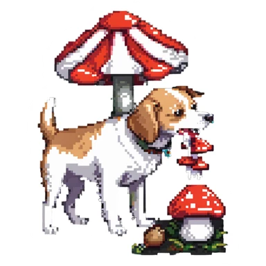 dog eating a red and white mushroom sticker