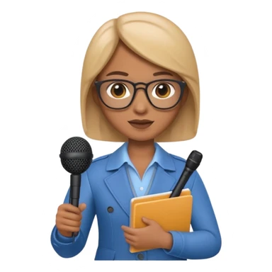 Apple Memoji-style 3D emoji of a journalist holding a microphone and notepad, smooth gradients, rounded shapes, no background. sticker