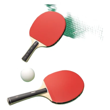 Two table tennis paddles and a ball placed on a ping pong table, with the net in the background. The scene conveys the simplicity and focus of the sport, with vibrant colors highlighting the rackets and ball on the smooth surface of the table. sticker