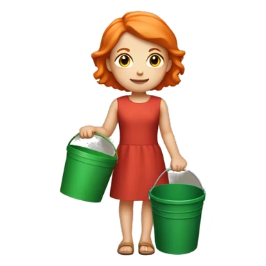 Small white skinned young girl with short orange hair wearing a red dress, standing holding a green bucket  sticker