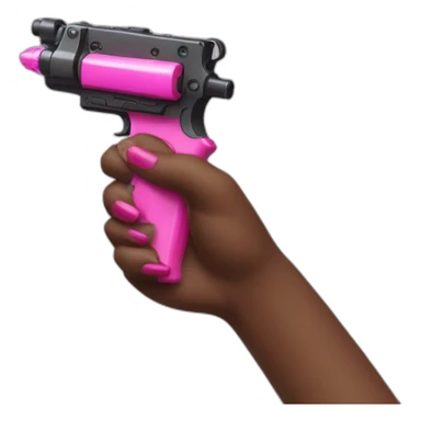 brown hand with pink nails holding large scary dark water gun sticker