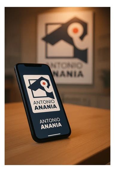 A photo of an iPhone on the desk with the logo of "Antonio Anania" on its screen, The phone sits atop a desk with a blurred with the logo in the background that suggests work environment. A faint glow from above casts gentle shadows across the surface of each object, creating depth and highlighting their textures sticker