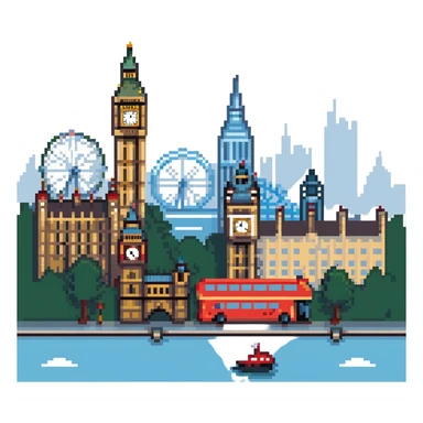 cityscape of London with iconic landmarks like Big Ben and the London Eye sticker