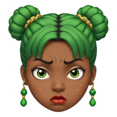 Create a 3D cartoon-style girl character with dark skin, round face, angry expression, big wide eyes, and tightly styled double buns made of green beaded hair. The girl should look irritated, eyebrows sharply angled, and lips pressed in a frown. sticker