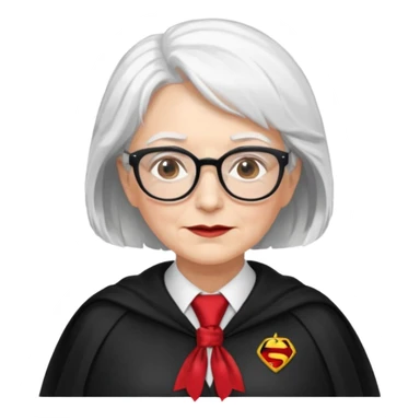 An older woman with glasses and white hair, in a red tie and black cape sticker