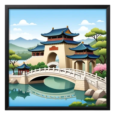 Summer Palace in Beijing with lake and bridge, Chinese garden architecture, emoji style sticker